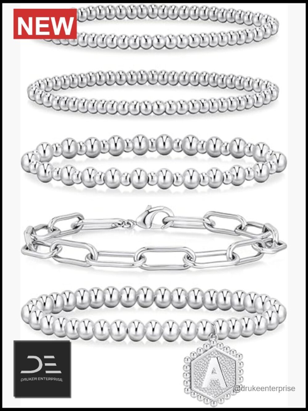 14K Gold Plated Beaded Bracelet Set Stretch Strand Stackable Bracelets 5-Piece